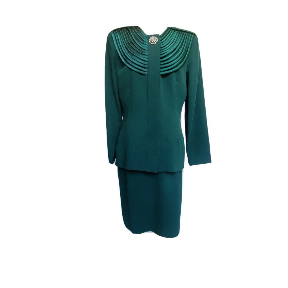 Karen Lawrence by Matthew Vintage Emerald Green Two-Piece Skirt Suit Bib Collar - Picture 2 of 12
